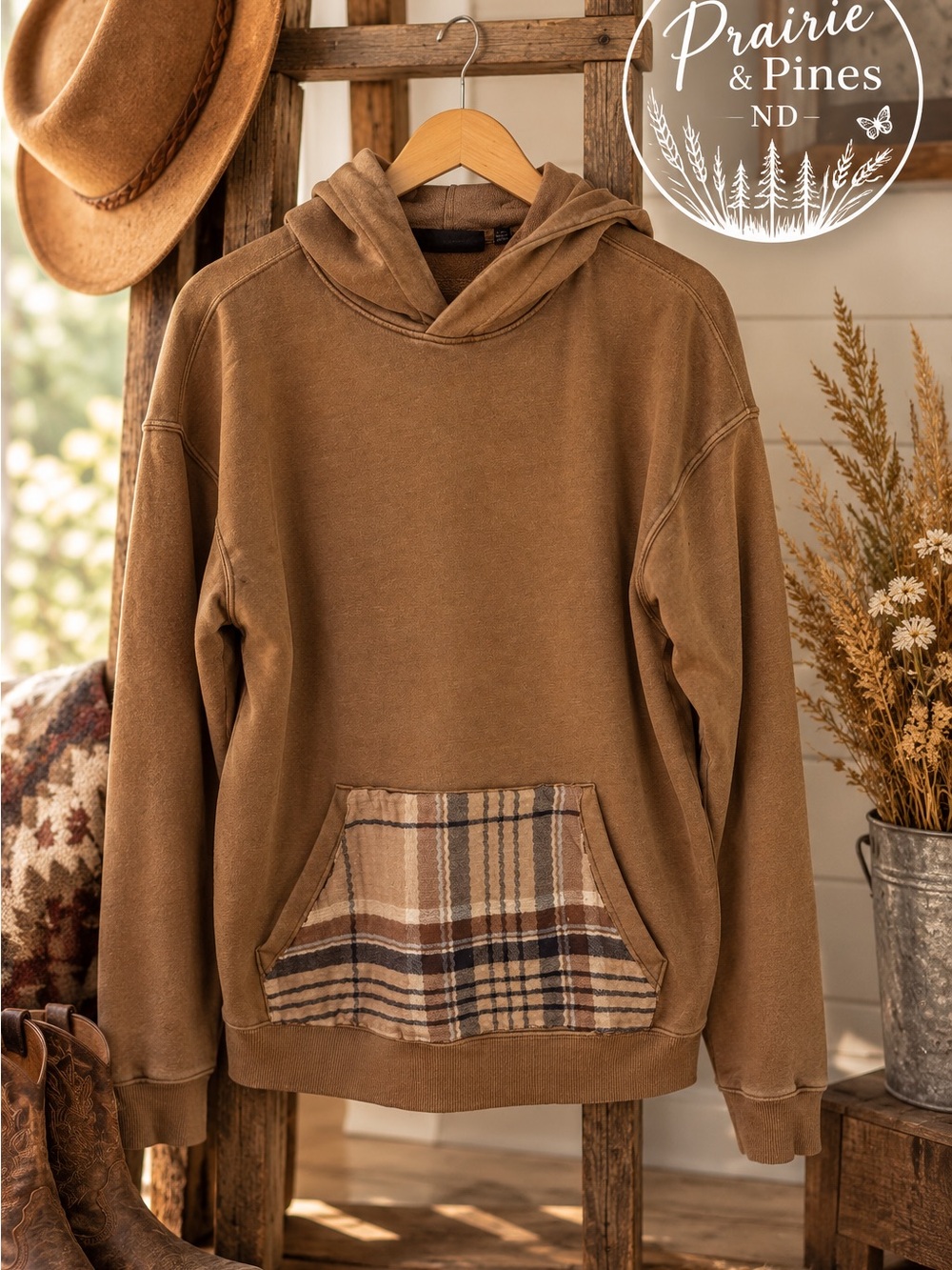 Brown Hooded Pullover with Plaid Pocket